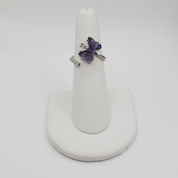 Genuine Fluorite & Diamond Simulants 925 Sterling Silver Butterfly Bypass Ring - Picture 4 of 4